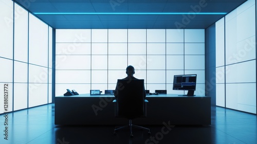 Criminal investigation analyst reviewing CCTV footage in a modern monitoring room. Featuring advanced surveillance technology