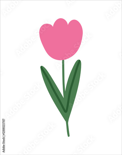 Trendy spring flower doodle style. Flat simple childish pink tulip for card, print, banner, poster, template. Cartoon illustration for children. Hand drawn illustration isolated on white background.