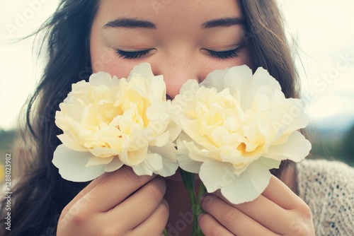 As she inhales the fragrance of Lisianthus, a woman's nose lights up with joy, appreciating the beauty of nature during spring, and also bringing attention to seasonal allergies and the sensory photo