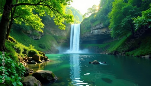 River with lush greenery and a waterfall backdrop, river, peaceful