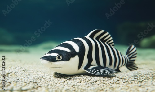 Zebra shark resting on seabed in dark blue ocean