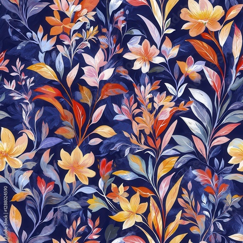 Wallpaper Mural Watercolor Floral Pattern Orange, Yellow and Red Flowers on Navy Blue Background Torontodigital.ca