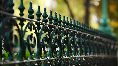 Beautiful iron fence with green background, elegant black wrought iron design with decorative details.