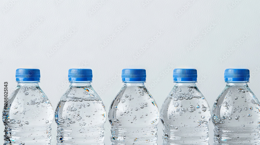 Fresh water bottles lined up, showcasing clear liquid and blue caps, creating refreshing and clean aesthetic. Perfect for hydration and wellness Fresh water bottles lined up, showcasing clear liquid and blue caps, creating refreshing and clean aesthetic. Perfect for hydration and wellness