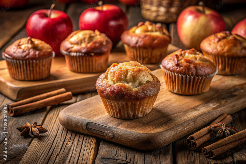 Apple muffins on a wooden board, photography foods, banner affiche Apple muffins on a wooden board, photography foods, banner affiche