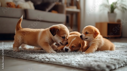 Playful puppies on a cozy rug, adorable golden fur balls engaging in a friendly tussle, inviting warmth and joy.