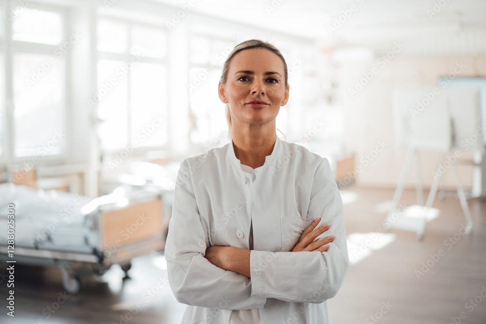 Doctor standing confidently in a clinic patient room Doctor standing confidently in a clinic patient room