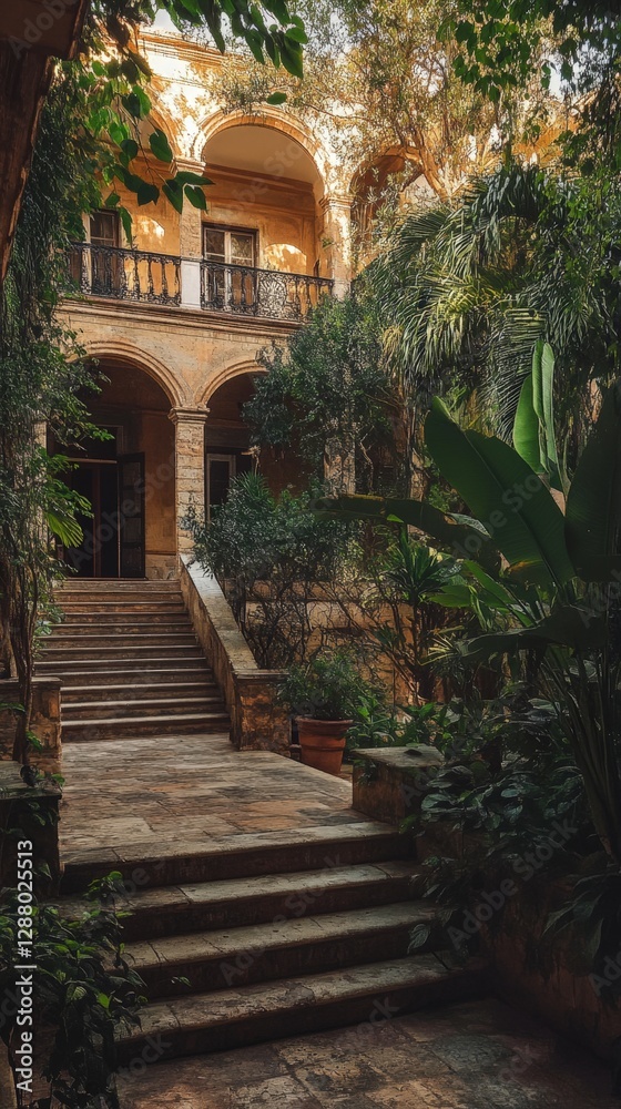 Fototapeta premium Serene courtyard with lush greenery and steps