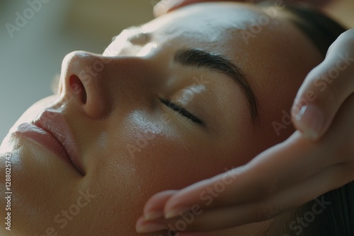 At the beauty salon, a beautician is administering a lymphatic drainage face massage or a facelifting massage to a client