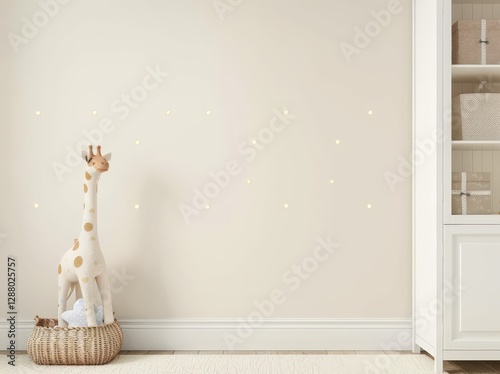 Fototapeta Naklejka Na Ścianę i Meble -  A white nursery room with a giraffe toy in a basket and star wall decals