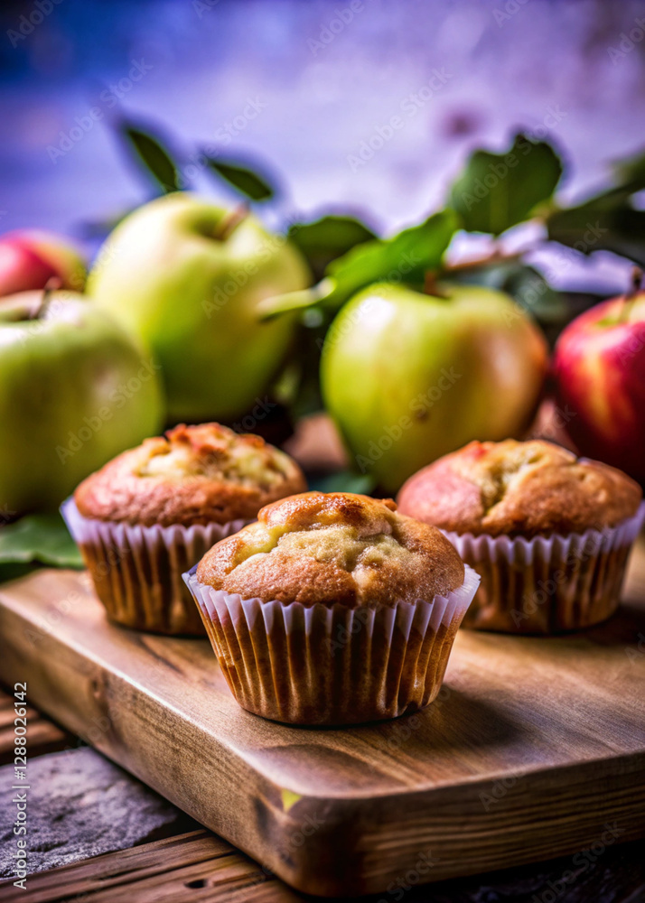 Apple muffins on a wooden board, photography foods, banner affiche Apple muffins on a wooden board, photography foods, banner affiche