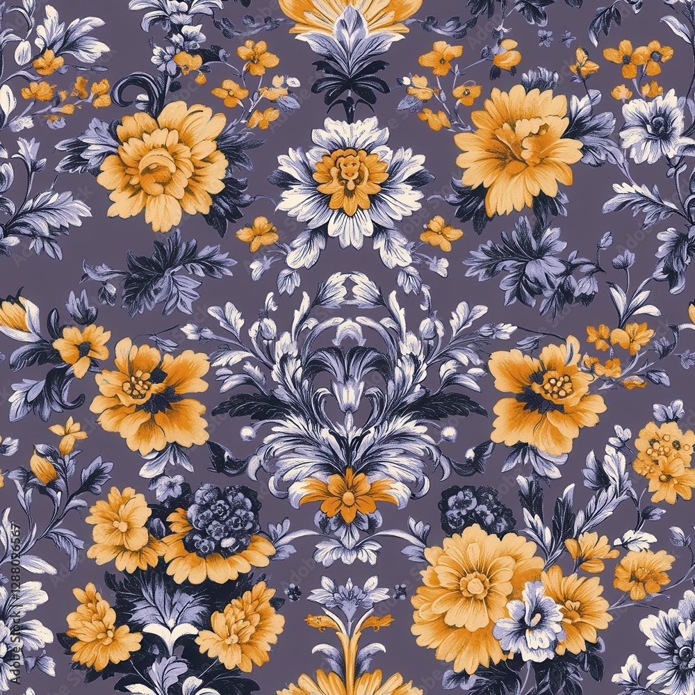 Intricate Floral Damask Pattern In Purple Yellow And White Gray Backgrounds Design Style Seamless Intricate Floral Damask Pattern In Purple Yellow And White Gray Backgrounds Design Style Seamless