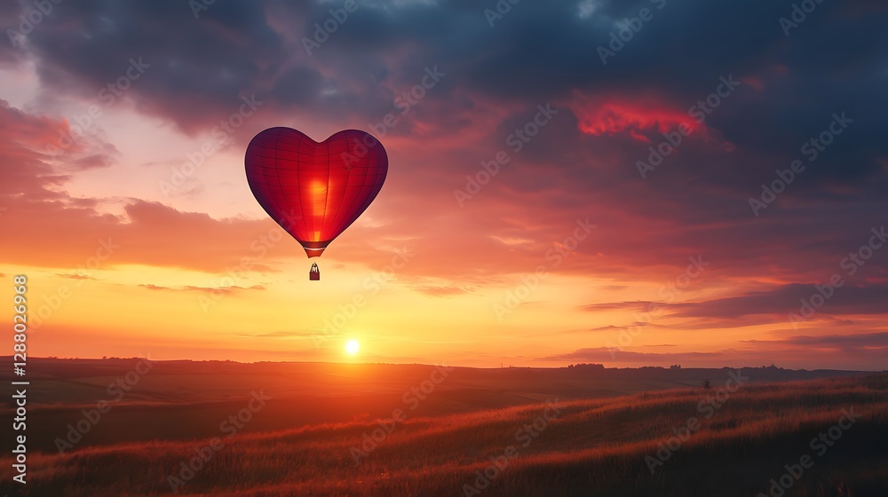 Fototapeta premium Heart-shaped balloon soaring at sunset, vibrant colors merging in the sky, symbolizing love and freedom, perfect for romantic themes.
