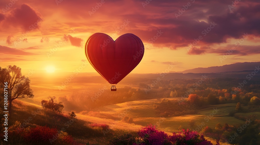 Fototapeta premium Heart-shaped balloon floating above a sunset landscape, vibrant colors, romantic theme, perfect for love messages.