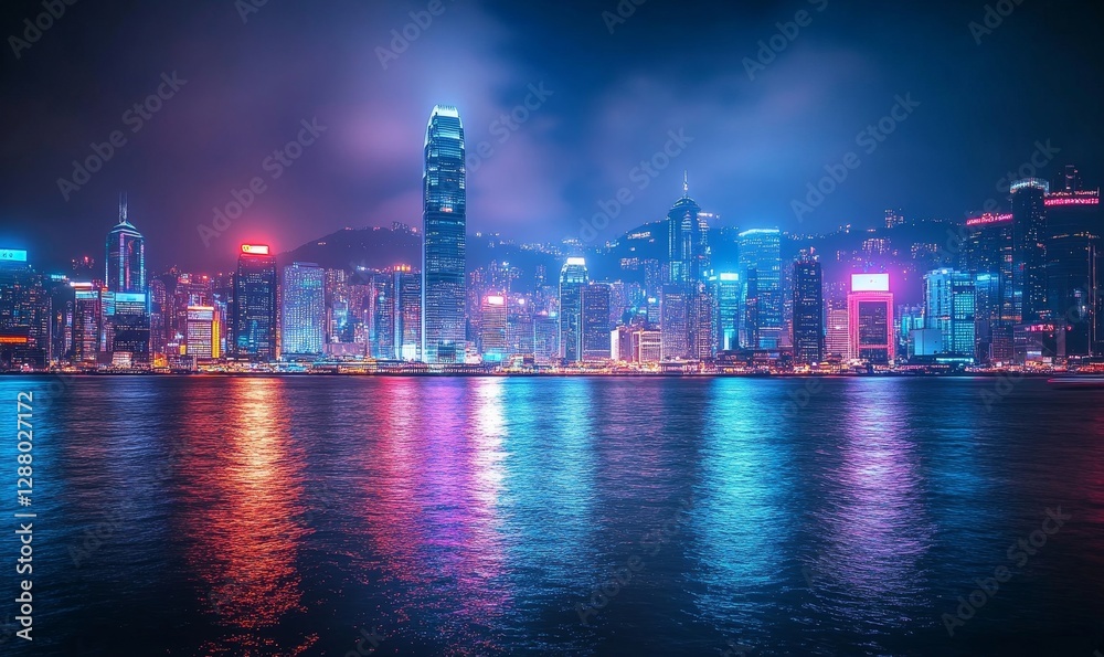 Glowing Neon Cityscape at Night, Generative AI Glowing Neon Cityscape at Night, Generative AI