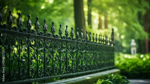 Beautiful iron fence with green background, classic ornamental metal fencing surrounded by lush trees.