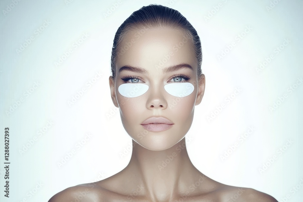 A topless woman with perfect skin and natural makeup is captured in a close-up beauty portrait, with noticeable anti-aging cream dots under her eyes for moisturizing and firming A topless woman with perfect skin and natural makeup is captured in a close-up beauty portrait, with noticeable anti-aging cream dots under her eyes for moisturizing and firming