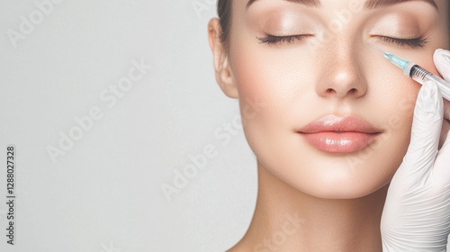The woman receives a facial rejuvenation treatment involving an anti-wrinkle injection to eliminate wrinkles and mesotherapy for her eyes