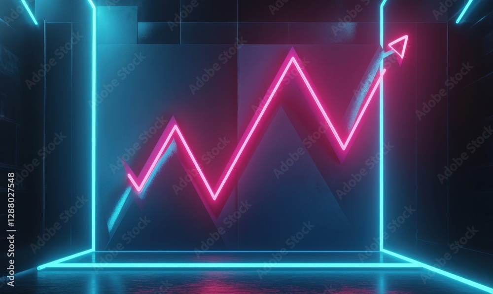Neon-lit graph showing upward trend in a futuristic, dark environment with glowing edges
