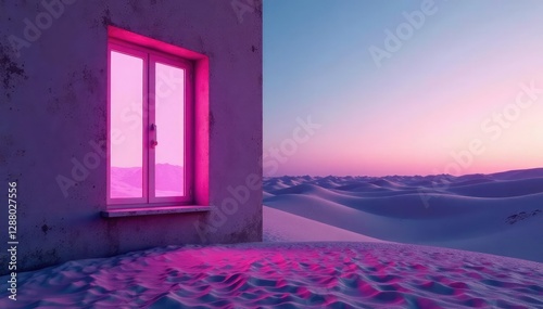 Verlassenes Fenster inmitten dunes mit violettem Licht, fenster, abgesperrt, verlassenes fenster photo