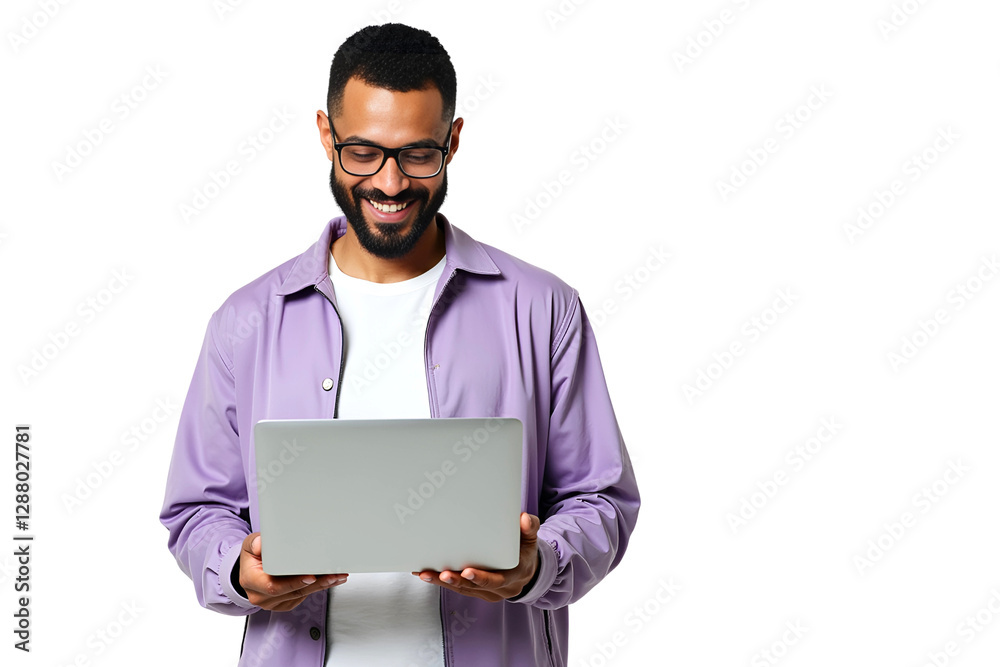 Smiling Man Using Laptop – Isolated PNG Image on Transparent Background Smiling Man Using Laptop – Isolated PNG Image on Transparent Background
