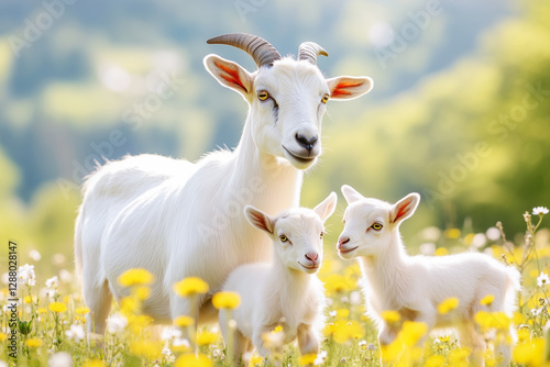 White mother goat with two kids standing in a field of yellow flowers on a sunny day