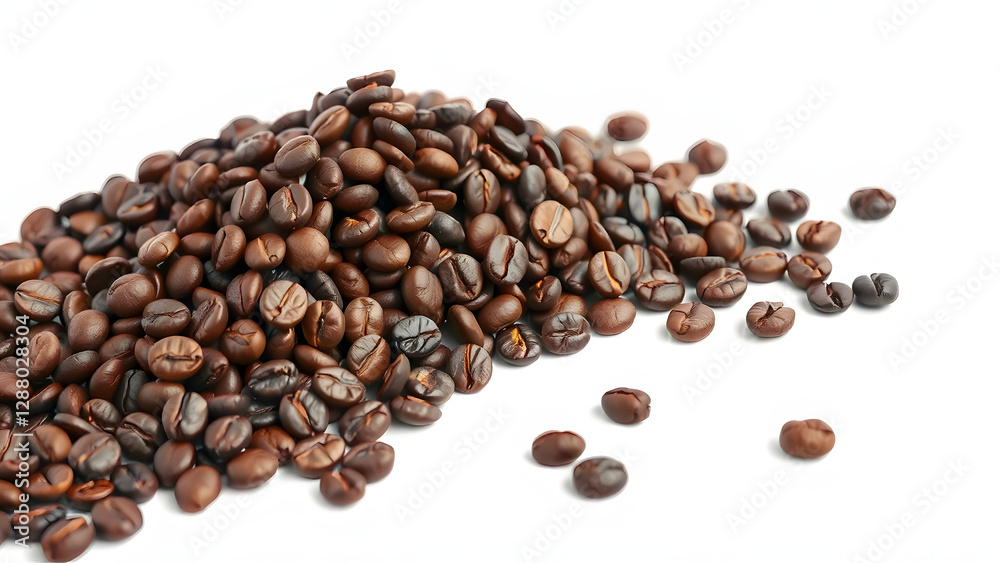Heap of Roasted Coffee Beans on White Background, Aromatic Fresh Espresso Ingredient for Cafe and Barista Heap of Roasted Coffee Beans on White Background, Aromatic Fresh Espresso Ingredient for Cafe and Barista