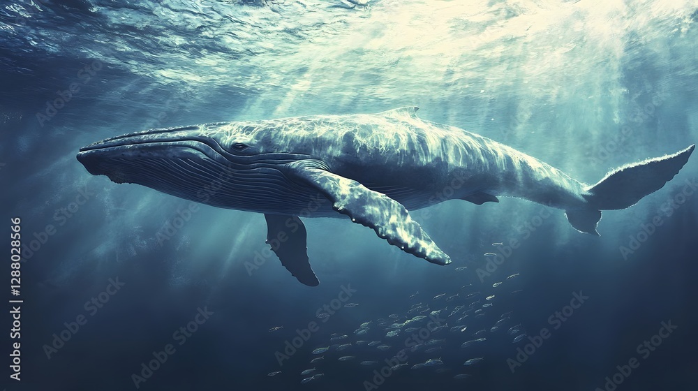 Fototapeta premium Majestic humpback whale gracefully swimming through sunlit ocean depths, surrounded by small fish