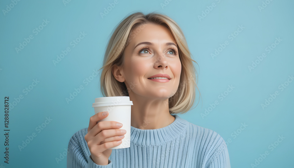 Elegant Mature Woman Holding Coffee Cup, Looking Thoughtful Against a Soft Blue Background Elegant Mature Woman Holding Coffee Cup, Looking Thoughtful Against a Soft Blue Background