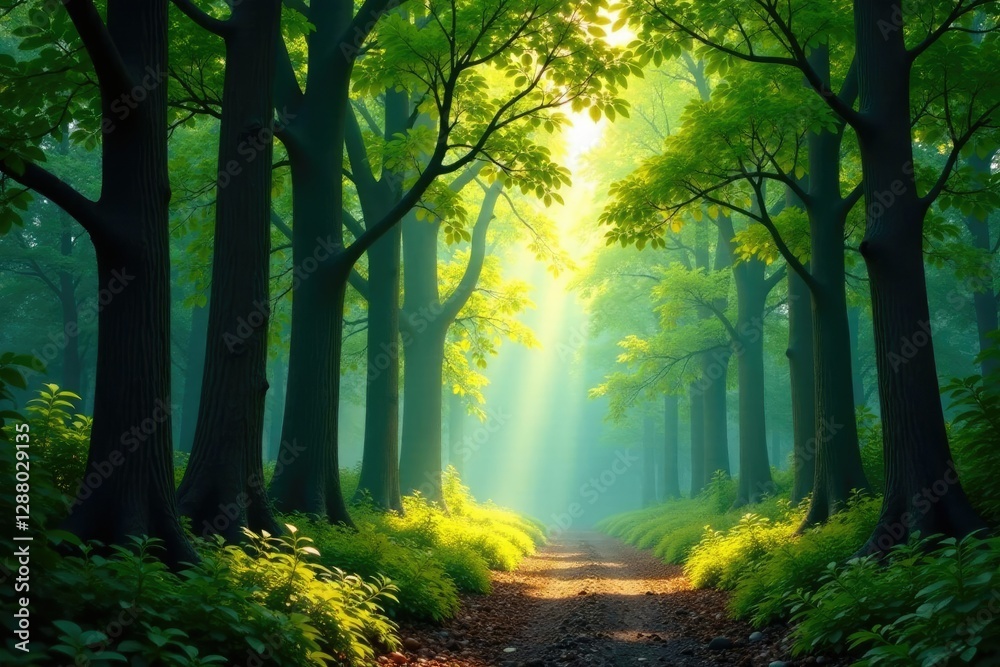 Obraz premium A calm and quiet forest with tall trees and dappled light, nature scenery, tree foliage, dappled light