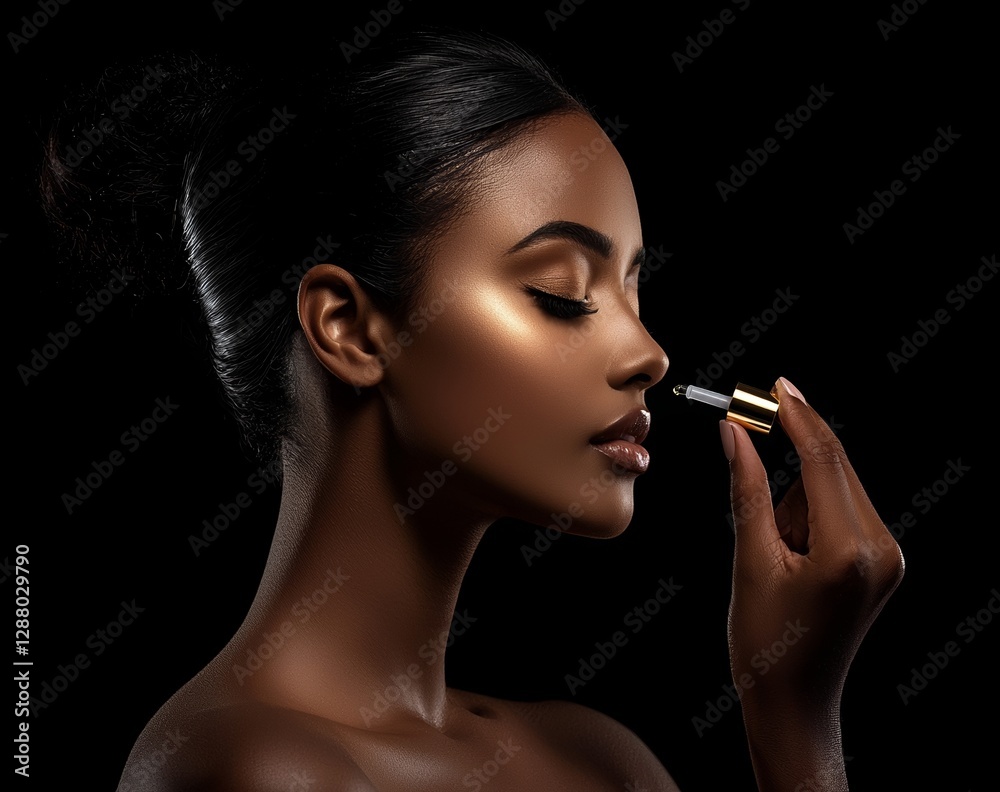 Obraz premium Skincare and wellness are represented by a Nigerian model, who uses a pipette of serum and a hyaluronic oil dropper to achieve healthy, flawless skin, symbolizing beauty and facial treatment