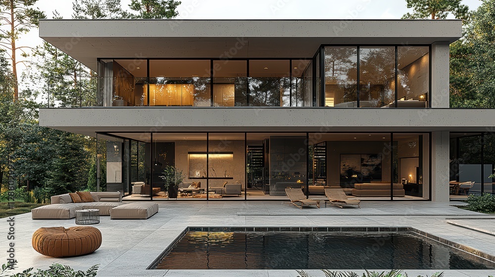 Modern glass-fronted house with pool in forest setting Modern glass-fronted house with pool in forest setting