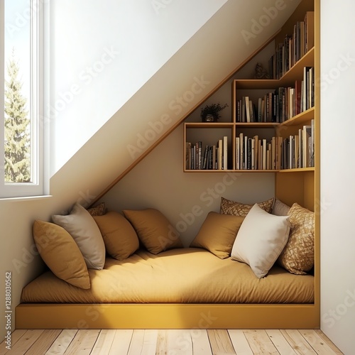 A cozy reading nook under an angled wall, featuring a soft yellow bed, plush pillows, and built-in bookshelves filled with books.