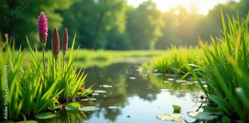 Bulrushes and early marsh orchid coexist in a serene wetland, scenery, water plants