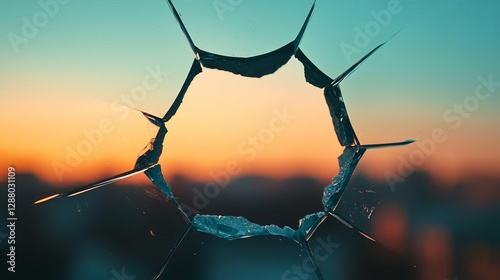 A stunning view through a broken glass pane at sunset, showcasing nature's beauty.
