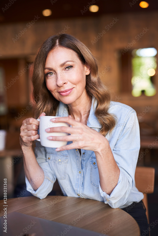 Business woman with a cup of coffee in a cafe