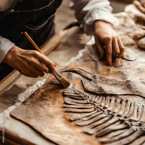 A person carefully brushes dust off a fossilized dinosaur bone, showcasing meticulous paleontological work.