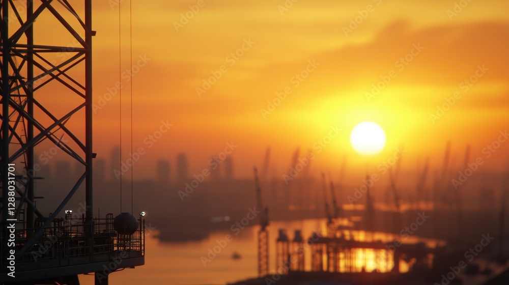Industrial Rig at Sunset Over Energy Port with Cranes and City Skyline Silhouetted Against Vibrant Orange and Yellow Horizon