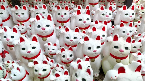 Maneki-Neko or beckoning cats that you see lined up in large numbers, People who came to pray at Gotokuji temple and had their wishes granted would bring doll to the temple as a thank you.
