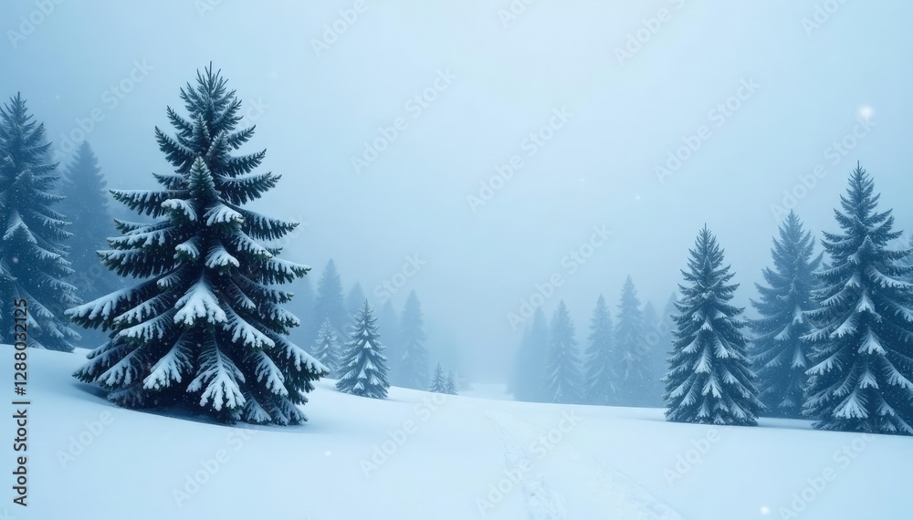 Dense fog swirls around evergreen trees in a winter landscape with falling snowflakes, snowfall, peaceful, blizzard Dense fog swirls around evergreen trees in a winter landscape with falling snowflakes, snowfall, peaceful, blizzard