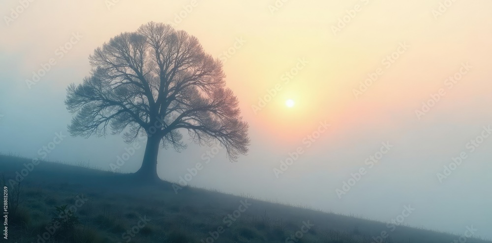 Dense fog wraps around solitary tree branches, mist, serene landscape Dense fog wraps around solitary tree branches, mist, serene landscape