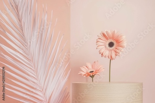 A pink background with gerbera flowers serves as the setting for an empty mockup of a wooden round podium pedestal showcasing cosmetic beauty products