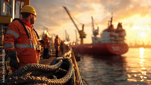 Worker on Dock Oversaw Operations for Energy Rig in Industry with Advanced Technology and Busy Port Activities at Sunset