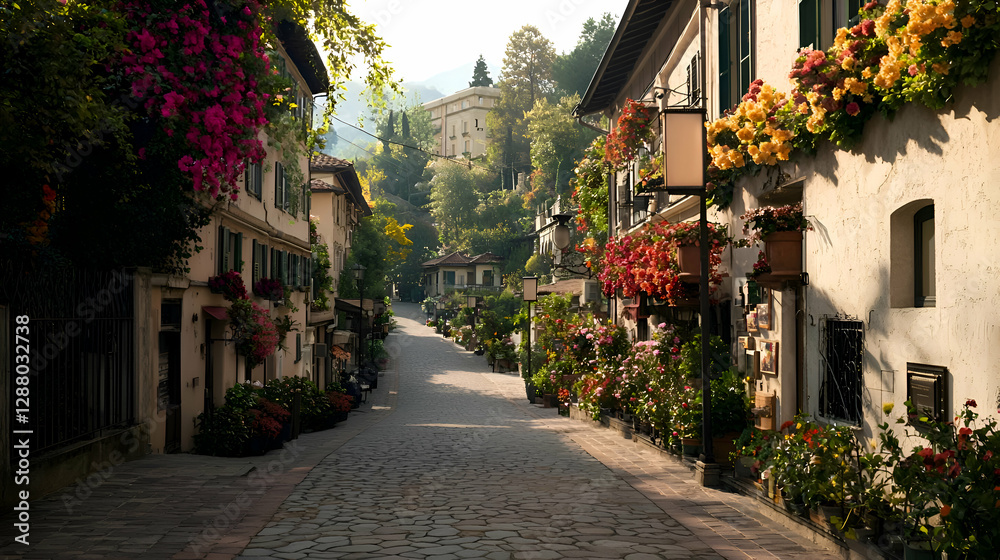 Fototapeta premium Picturesque Cobblestone Street with Colorful Flower Boxes and Historic Buildings
