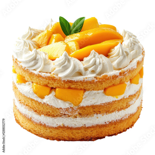 A delectable layered cake featuring whipped cream and fresh mango slices atop a fluffy sponge base.