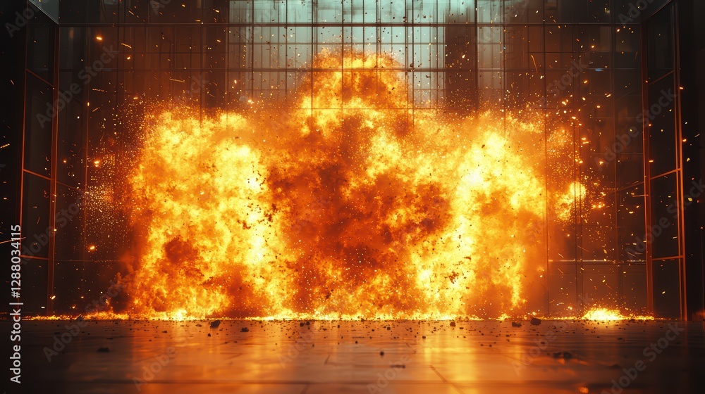 Fototapeta premium Intense indoor explosion with dramatic flames and sparks in a modern glass structure