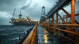 Industrial Offshore Oil Rig in Rainy Weather with Smokestacks and Equipment Highlighted by Dramatic Lighting in Energy Sector