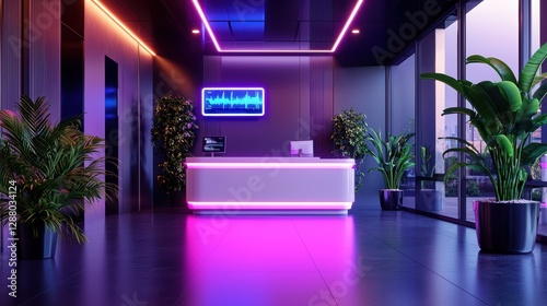 Neon-lit modern office reception with futuristic design and indoor plants