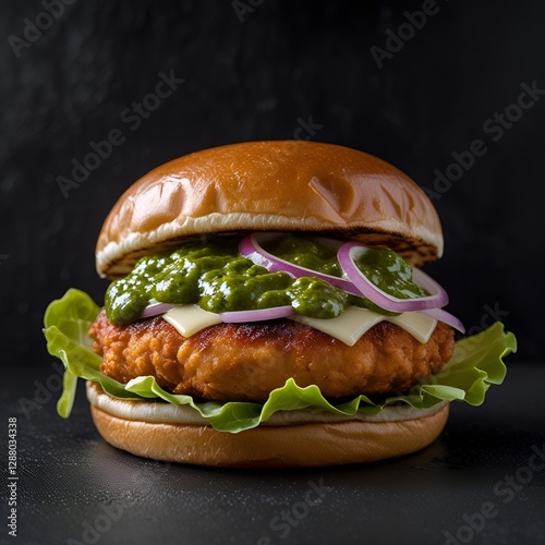 The image features a Crispy Chicken Burger with Green Sauce, set against a black background, and a 105mm lens. photo