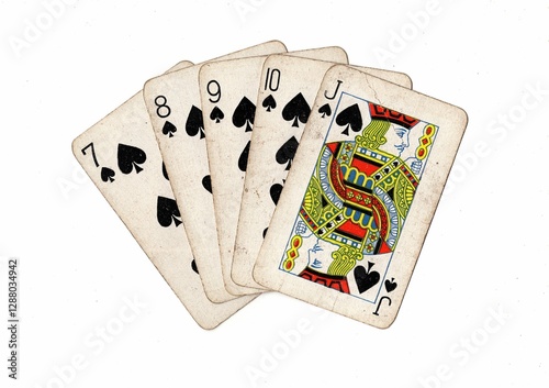 A poker hand of grubby old playing cards on a white background,.